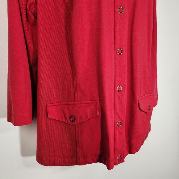 Weekends by Chico's Jacket Women’s Size 2 Large Red Snap Front 3/4 Sleeves Knit - Picture 6 of 12